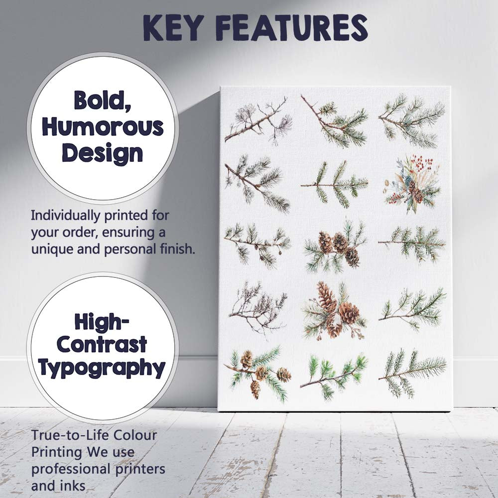 Winter Evergreen Pine Branch Collection Botanical Illustration Canvas Wall Art Print Decor Picture Ready to Hang