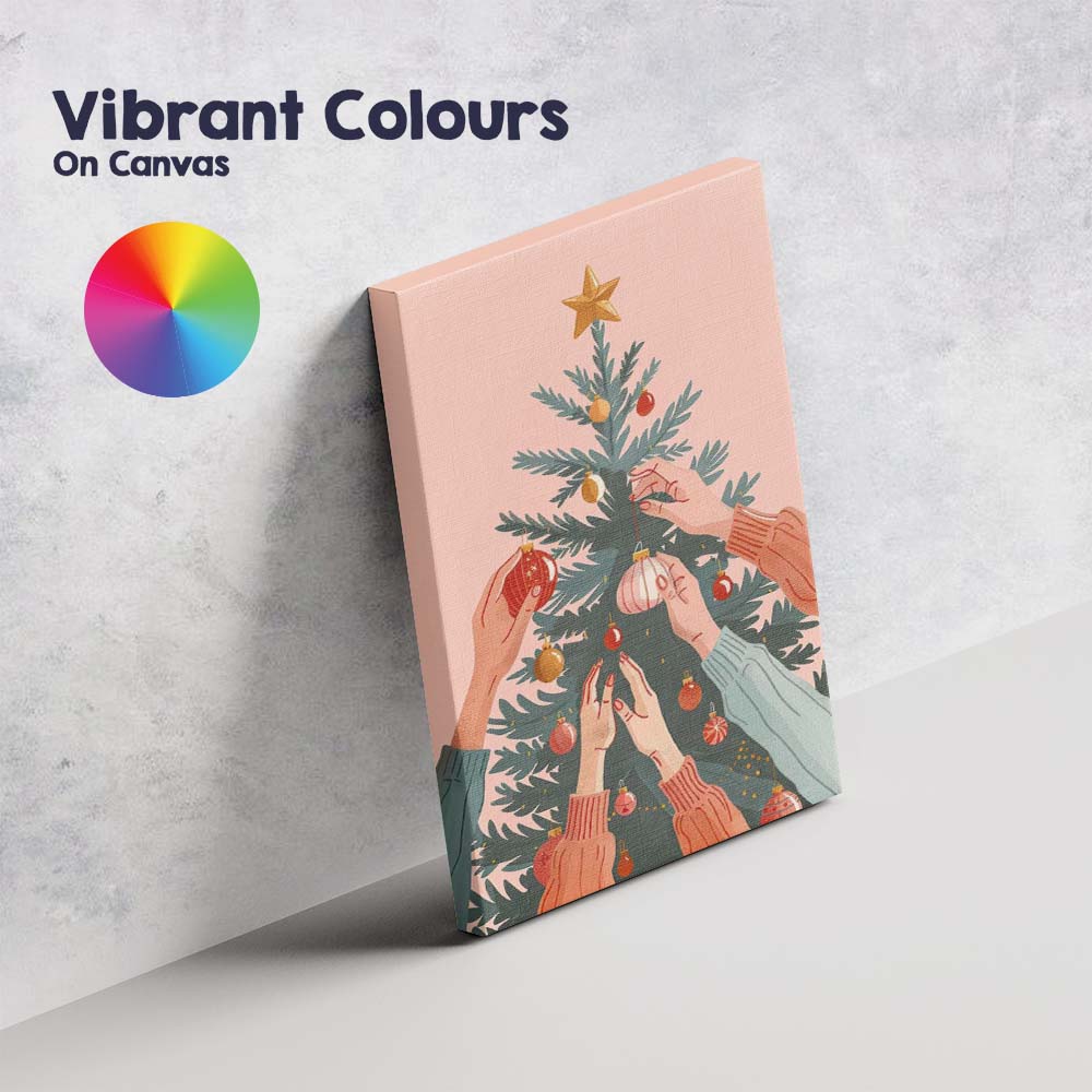 Festive Christmas Tree Decorating Hands Scandinavian Style Illustration Canvas Wall Art Print Decor Picture Ready to Hang