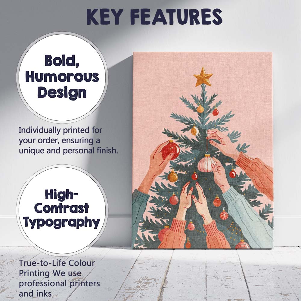 Festive Christmas Tree Decorating Hands Scandinavian Style Illustration Canvas Wall Art Print Decor Picture Ready to Hang