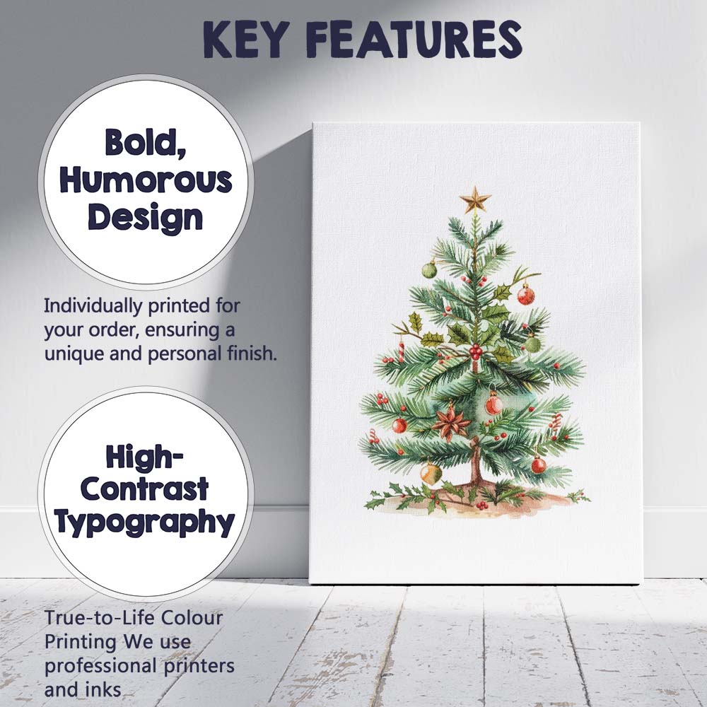 Festive Christmas Tree Watercolour Illustration With Holly Berries And Ornaments Canvas Wall Art Print Decor Picture Ready to Hang