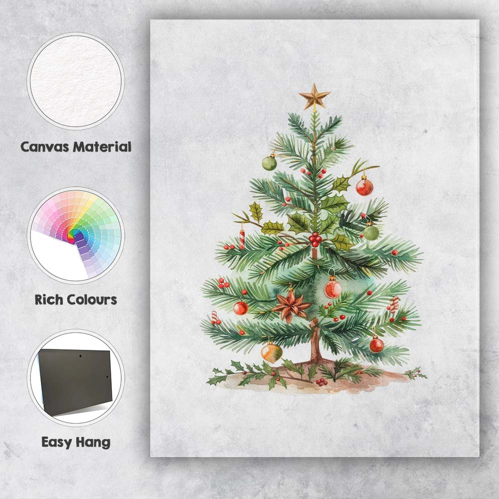 Festive Christmas Tree Watercolour Illustration With Holly Berries And Ornaments Canvas Wall Art Print Decor Picture Ready to Hang
