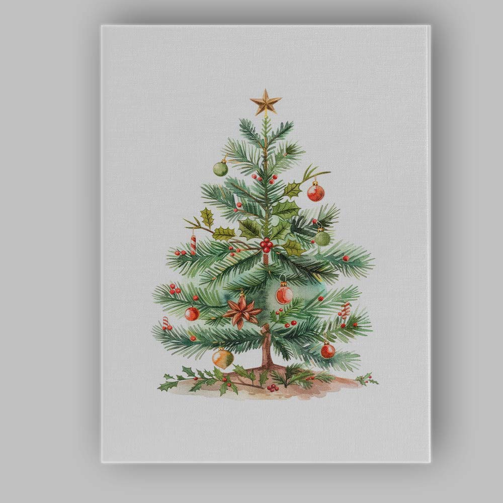 Festive Christmas Tree Watercolour Illustration With Holly Berries And Ornaments Canvas Wall Art Print Decor Picture Ready to Hang