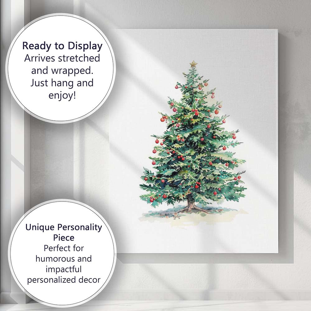 Traditional Christmas Tree Watercolour Painting With Red Berries And Gold Star Canvas Wall Art Print Decor Picture Ready to Hang