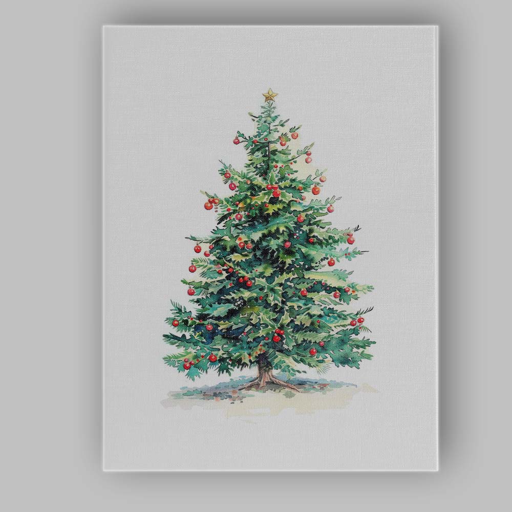Traditional Christmas Tree Watercolour Painting With Red Berries And Gold Star Canvas Wall Art Print Decor Picture Ready to Hang