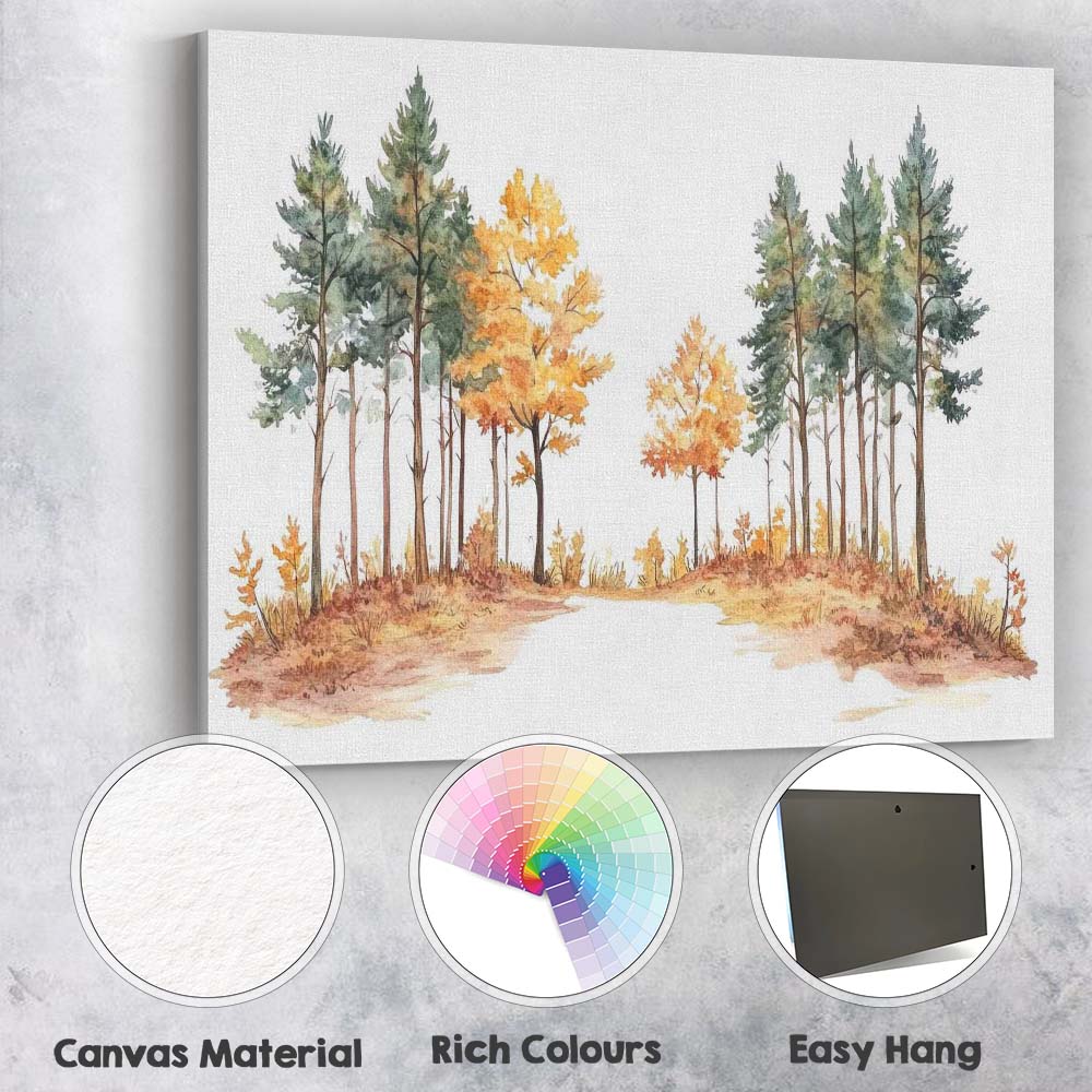 Watercolour Forest Path Pine Trees Autumn Woodland Scene Canvas Wall Art Print Decor Picture Ready to Hang