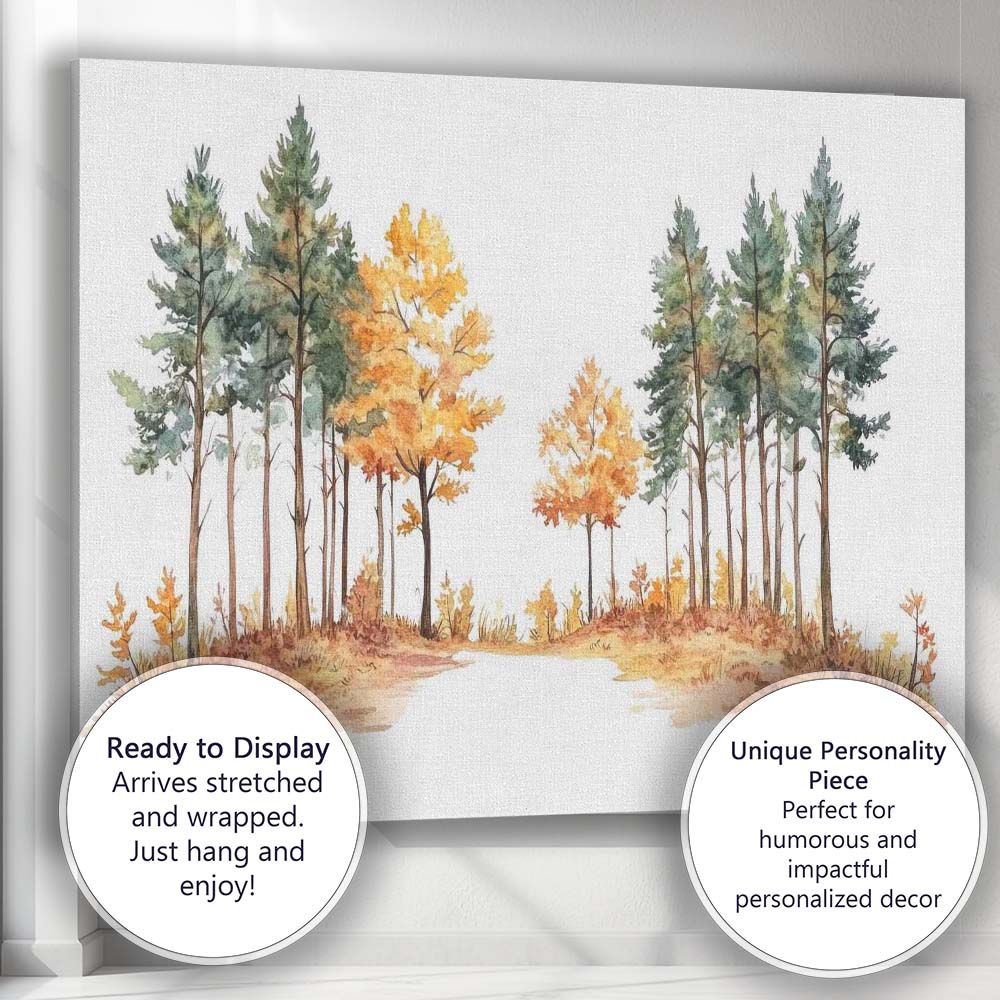 Watercolour Forest Path Pine Trees Autumn Woodland Scene Canvas Wall Art Print Decor Picture Ready to Hang