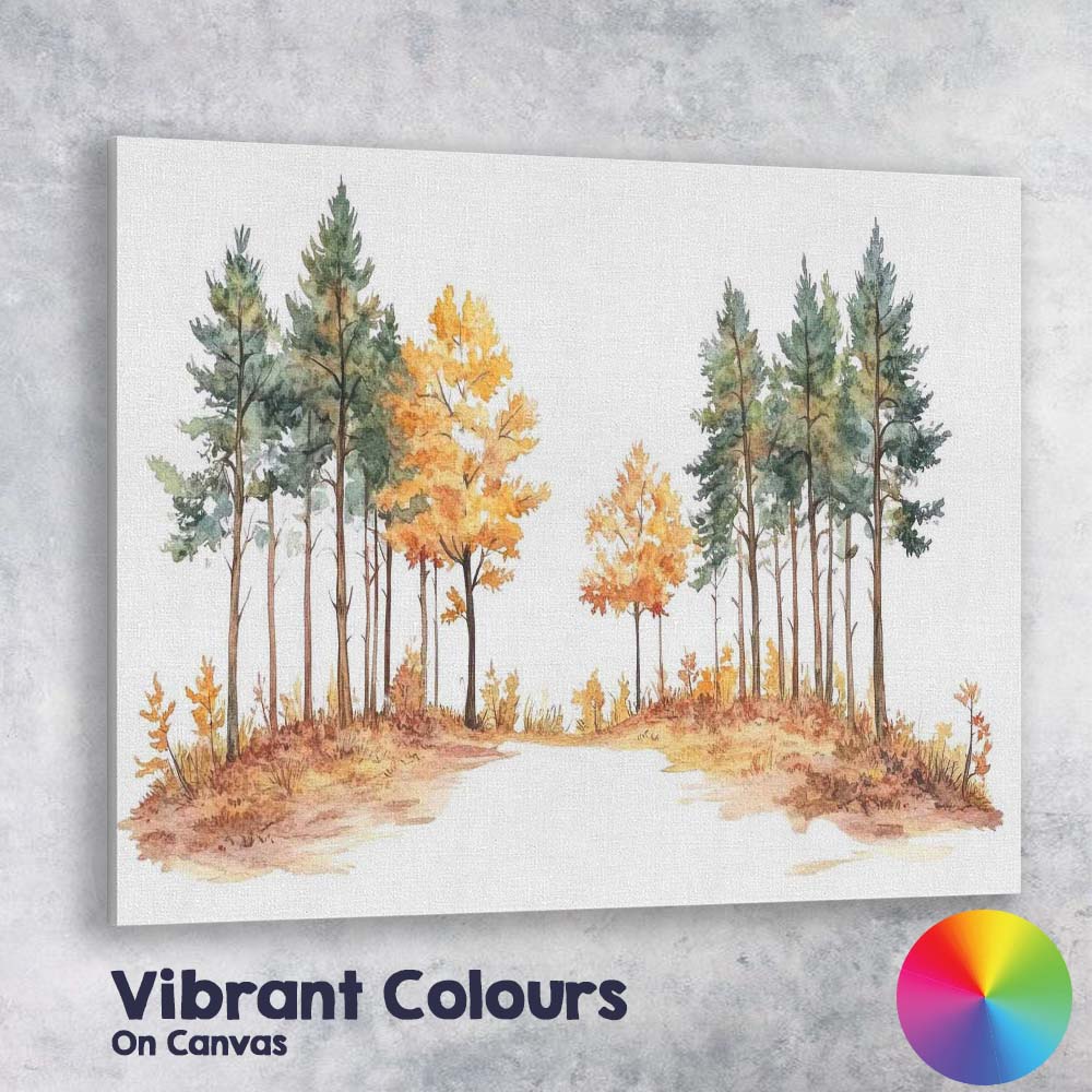 Watercolour Forest Path Pine Trees Autumn Woodland Scene Canvas Wall Art Print Decor Picture Ready to Hang