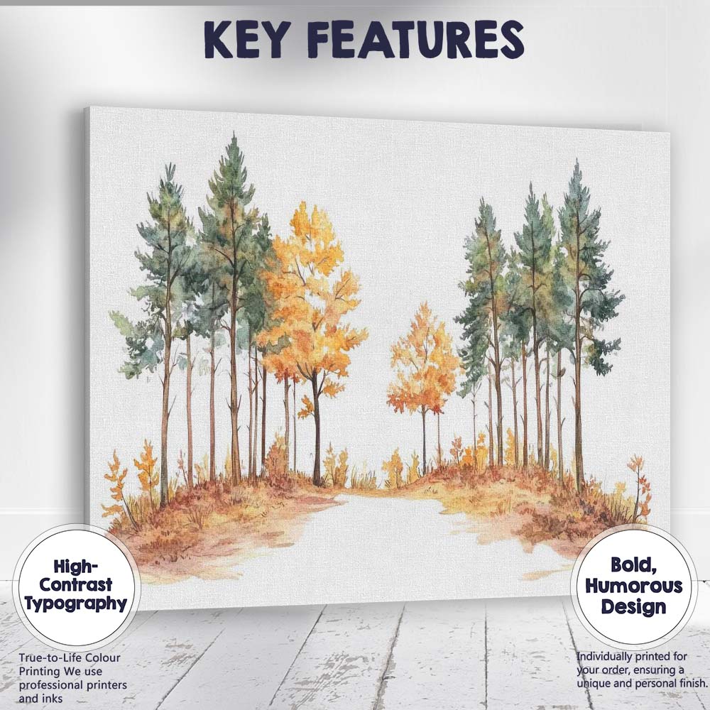 Watercolour Forest Path Pine Trees Autumn Woodland Scene Canvas Wall Art Print Decor Picture Ready to Hang