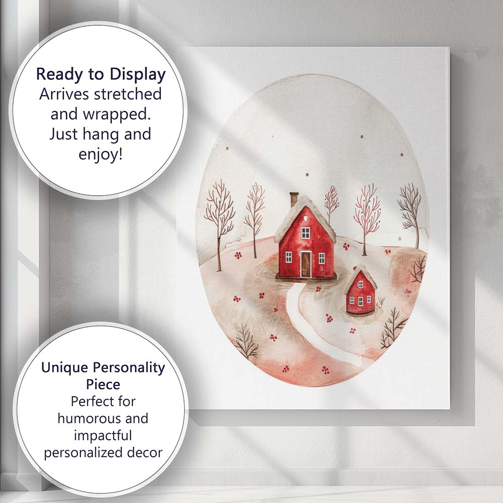 Scandinavian Red House Winter Landscape Watercolour Canvas Wall Art Print Decor Picture Ready to Hang
