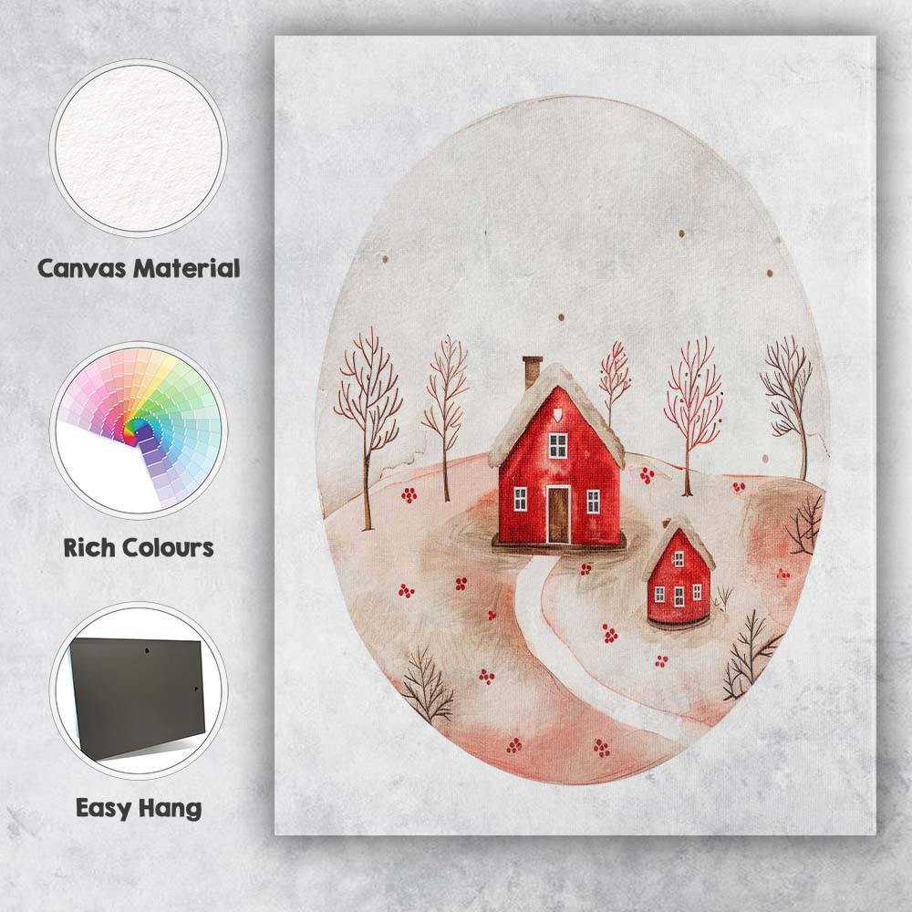 Scandinavian Red House Winter Landscape Watercolour Canvas Wall Art Print Decor Picture Ready to Hang