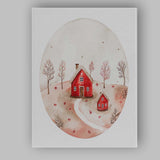 Scandinavian Red House Winter Landscape Watercolour Canvas Wall Art Print Decor Picture Ready to Hang