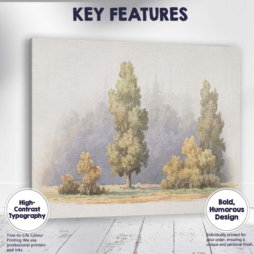 Soft Misty Woodland Tree Group Watercolour Landscape Canvas Wall Art Print Decor Picture Ready to Hang