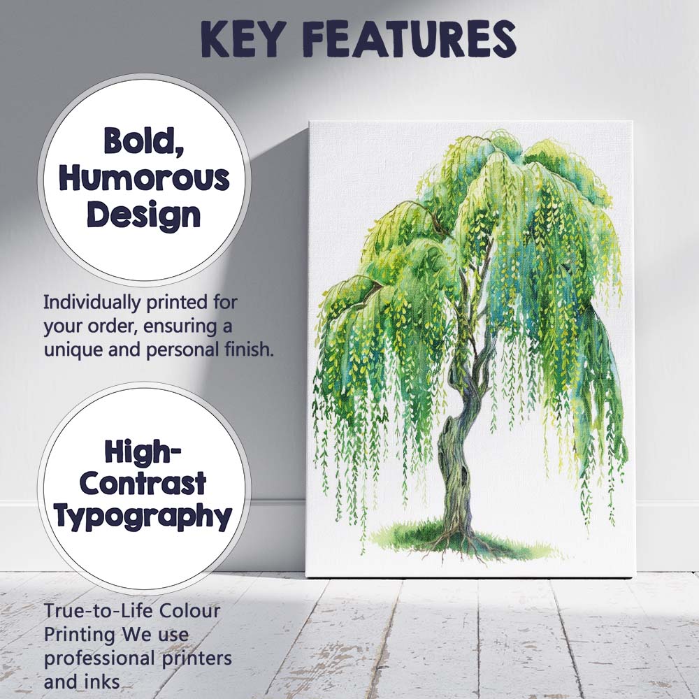 Whimsical Green Weeping Willow Botanical Watercolour Illustration Canvas Wall Art Print Decor Picture Ready to Hang