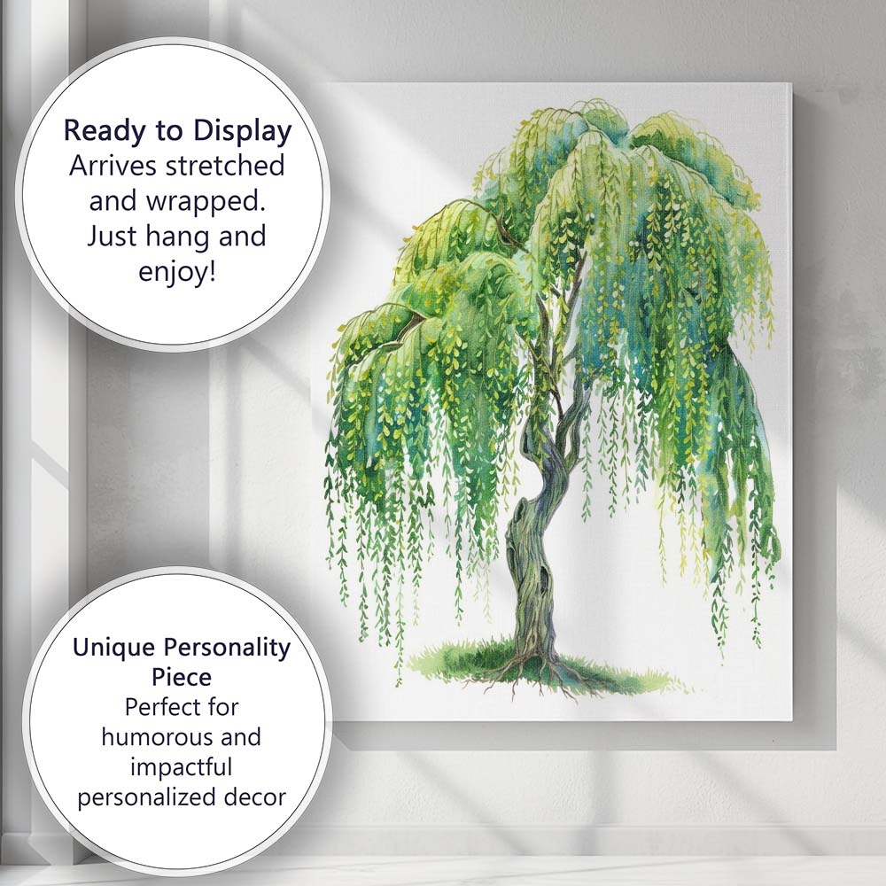 Whimsical Green Weeping Willow Botanical Watercolour Illustration Canvas Wall Art Print Decor Picture Ready to Hang