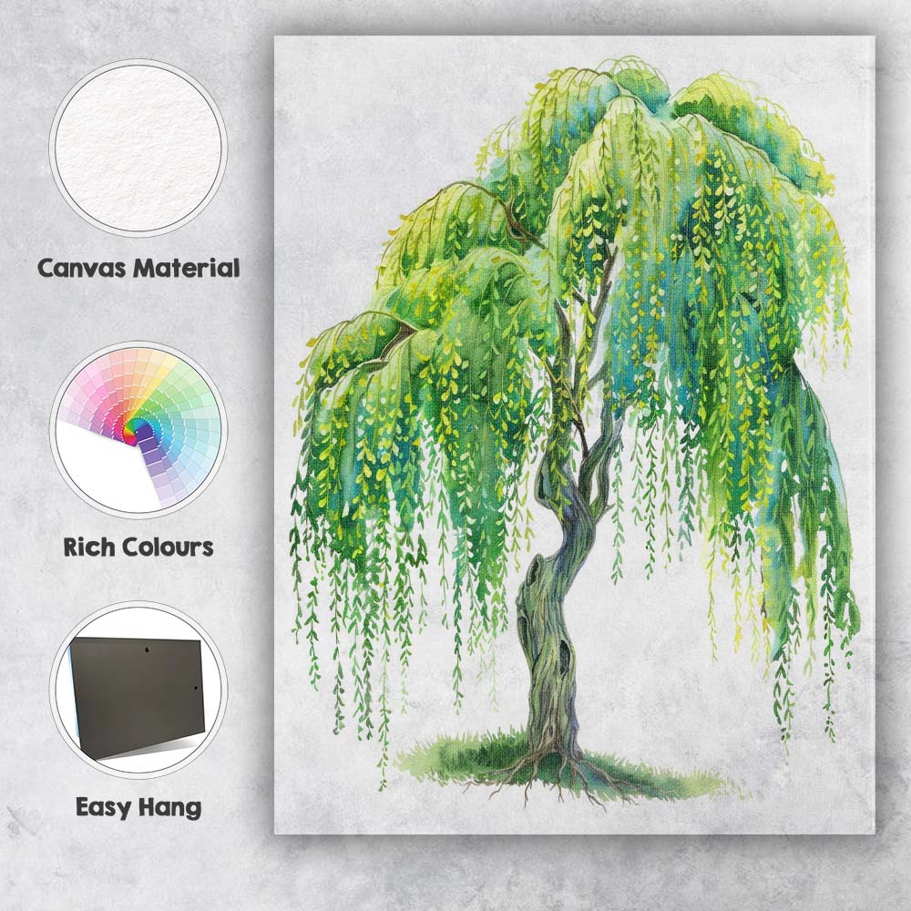 Whimsical Green Weeping Willow Botanical Watercolour Illustration Canvas Wall Art Print Decor Picture Ready to Hang