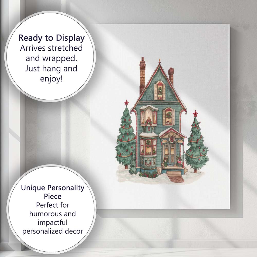 Victorian Christmas House With Evergreen Trees Watercolour Illustration Canvas Wall Art Print Decor Picture Ready to Hang