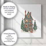 Victorian Christmas House With Evergreen Trees Watercolour Illustration Canvas Wall Art Print Decor Picture Ready to Hang