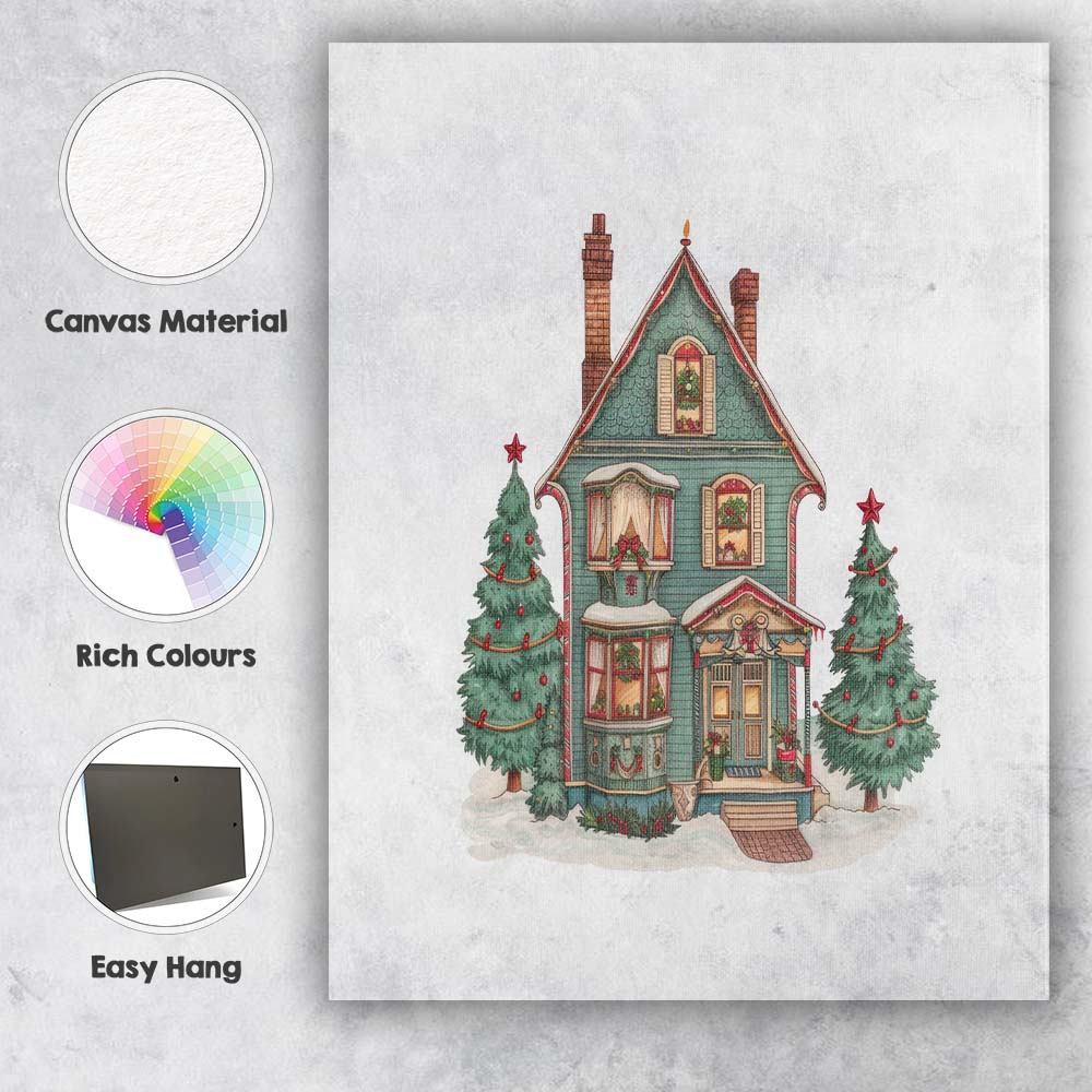 Victorian Christmas House With Evergreen Trees Watercolour Illustration Canvas Wall Art Print Decor Picture Ready to Hang