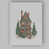 Victorian Christmas House With Evergreen Trees Watercolour Illustration Canvas Wall Art Print Decor Picture Ready to Hang