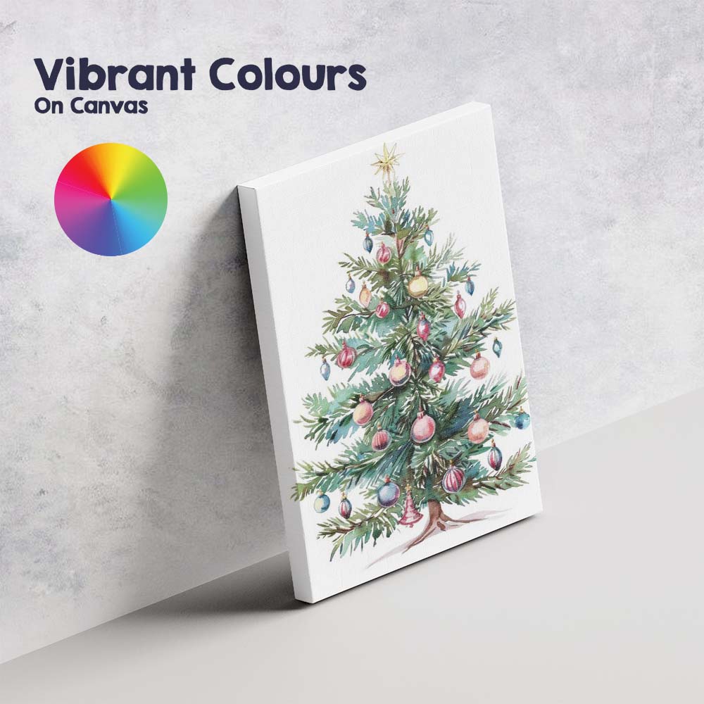 Watercolour Decorated Christmas Tree Festive Bauble Holiday Illustration Canvas Wall Art Print Decor Picture Ready to Hang