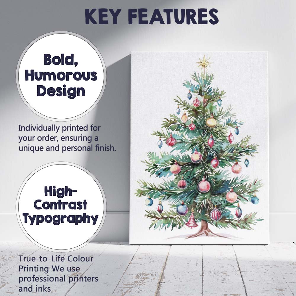 Watercolour Decorated Christmas Tree Festive Bauble Holiday Illustration Canvas Wall Art Print Decor Picture Ready to Hang