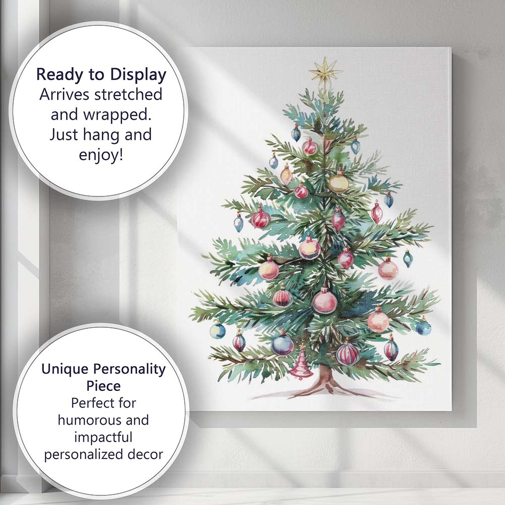 Watercolour Decorated Christmas Tree Festive Bauble Holiday Illustration Canvas Wall Art Print Decor Picture Ready to Hang