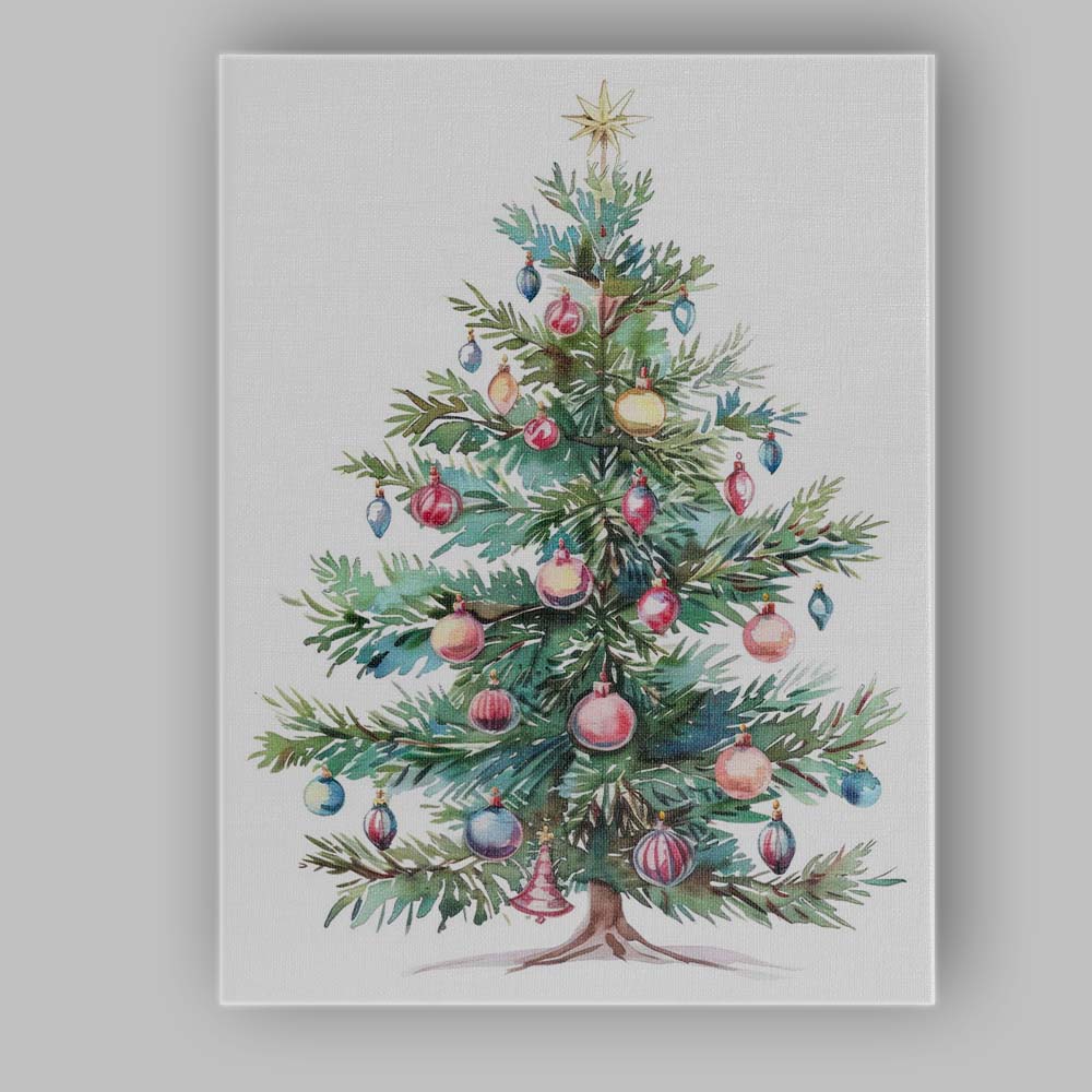 Watercolour Decorated Christmas Tree Festive Bauble Holiday Illustration Canvas Wall Art Print Decor Picture Ready to Hang