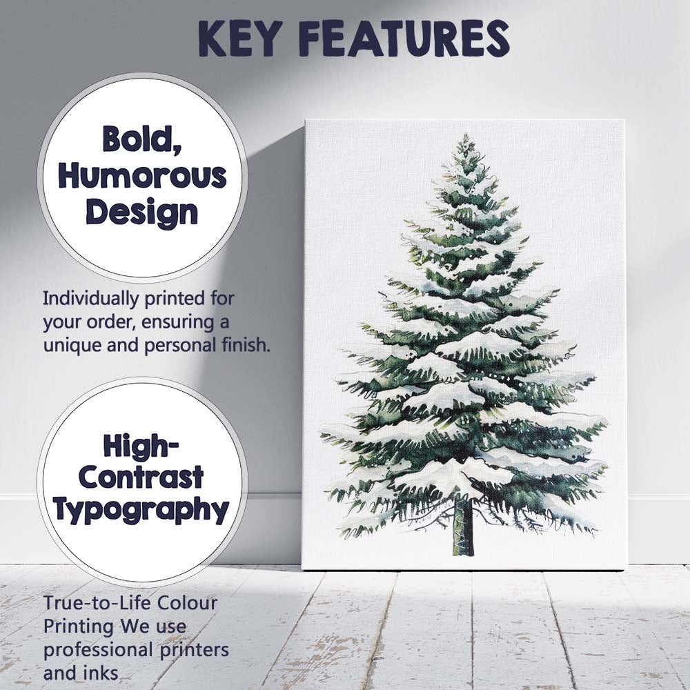 Watercolour Snow Covered Fir Tree Winter Woodland Illustration Canvas Wall Art Print Decor Picture Ready to Hang