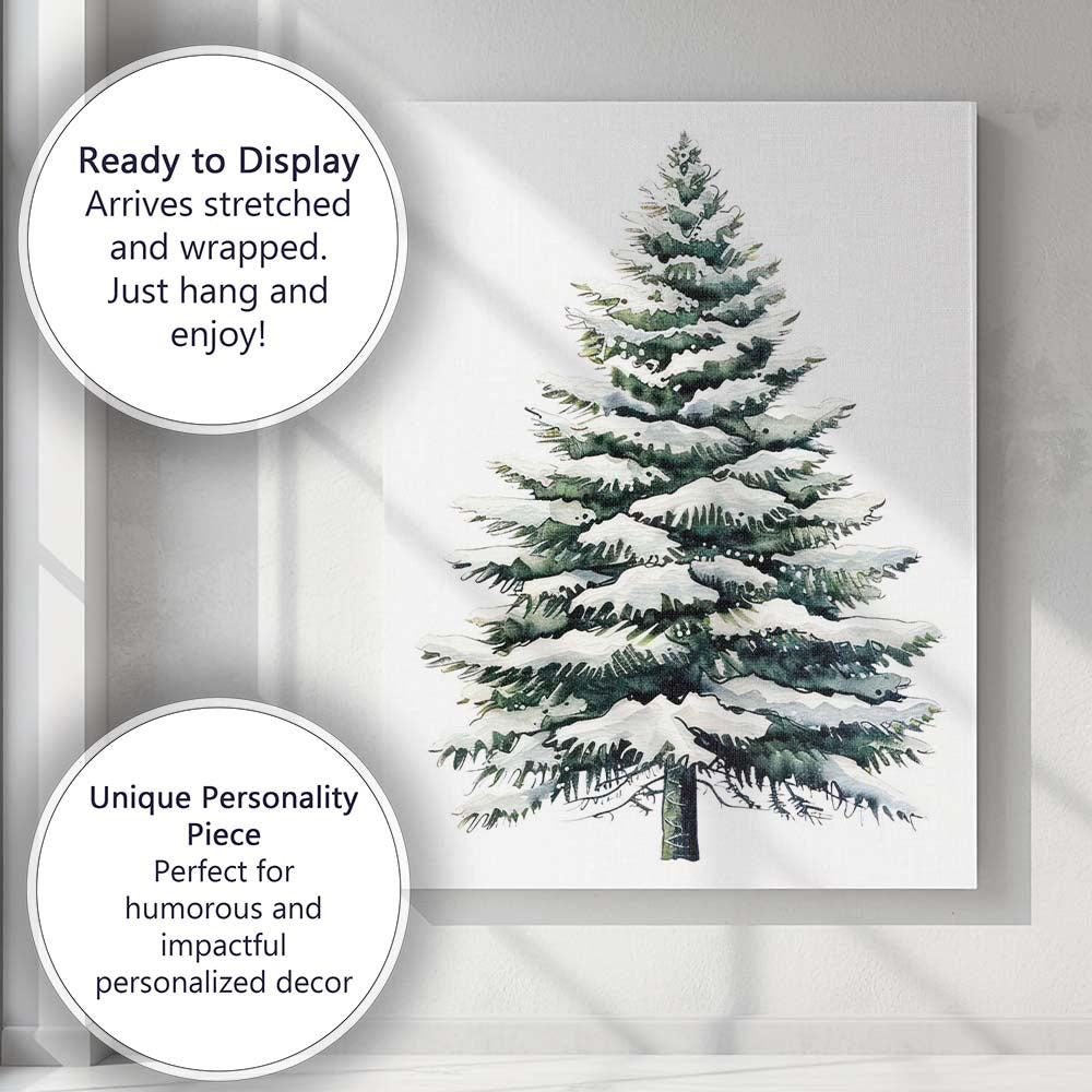 Watercolour Snow Covered Fir Tree Winter Woodland Illustration Canvas Wall Art Print Decor Picture Ready to Hang