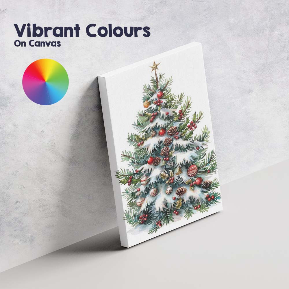 Snow Covered Christmas Tree With Red Baubles Watercolour Canvas Wall Art Print Decor Picture Ready to Hang