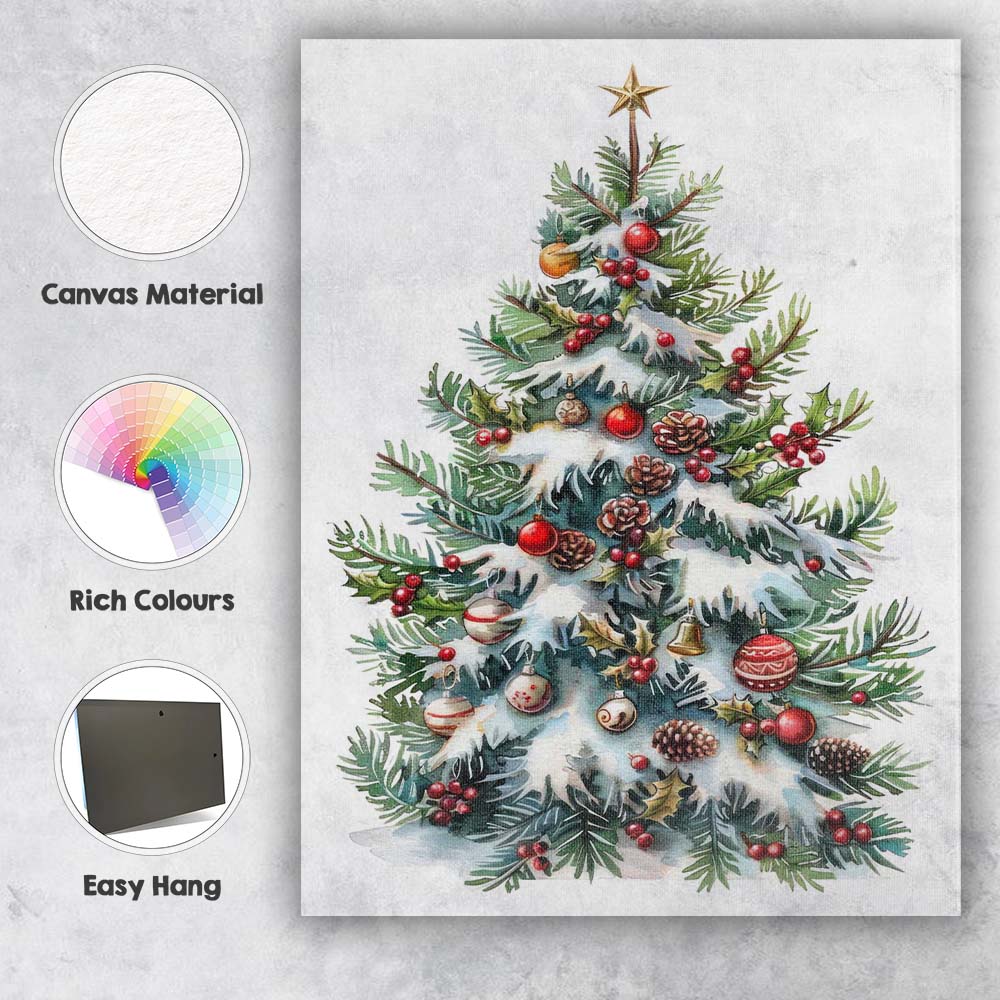 Snow Covered Christmas Tree With Red Baubles Watercolour Canvas Wall Art Print Decor Picture Ready to Hang