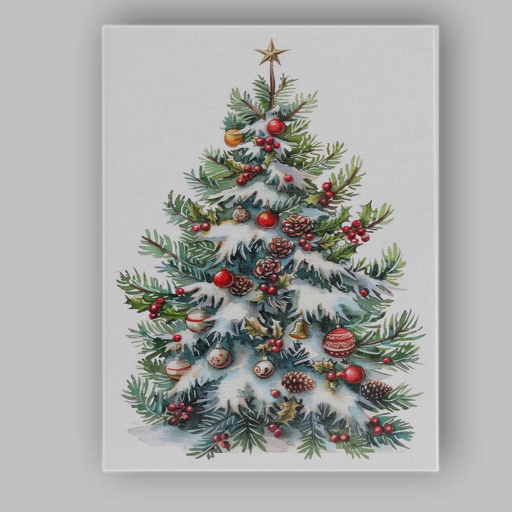 Snow Covered Christmas Tree With Red Baubles Watercolour Canvas Wall Art Print Decor Picture Ready to Hang