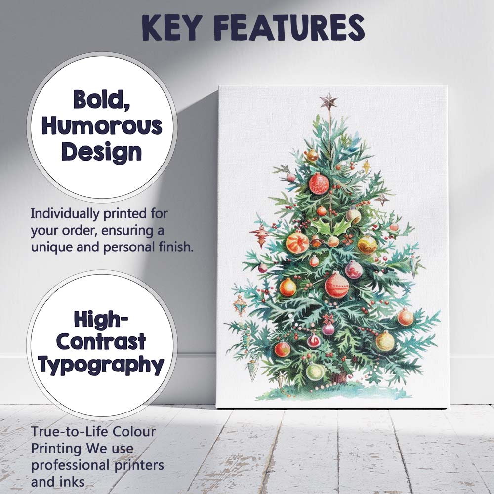 Whimsical Decorated Christmas Tree Watercolour Holiday Artwork Canvas Wall Art Print Decor Picture Ready to Hang