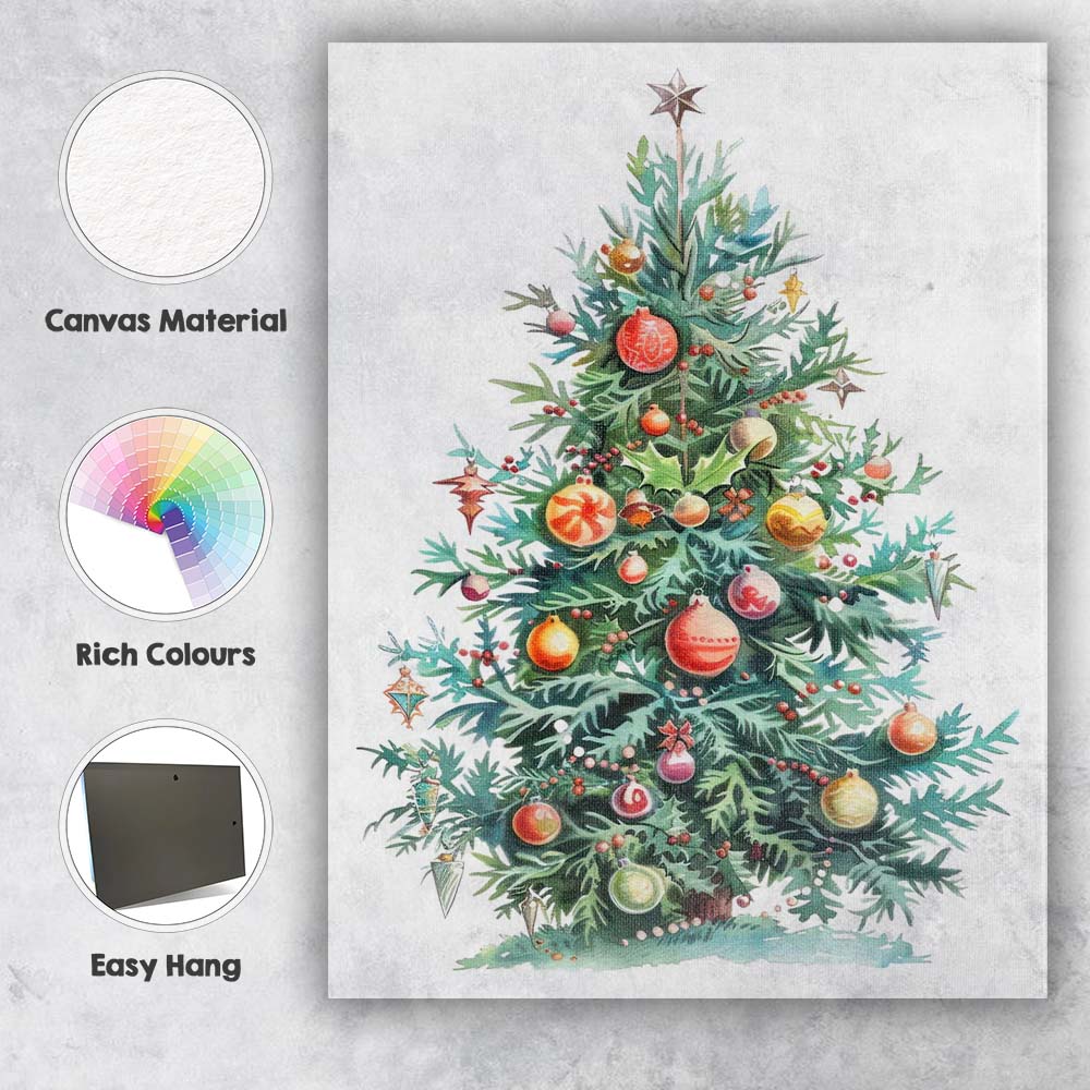 Whimsical Decorated Christmas Tree Watercolour Holiday Artwork Canvas Wall Art Print Decor Picture Ready to Hang