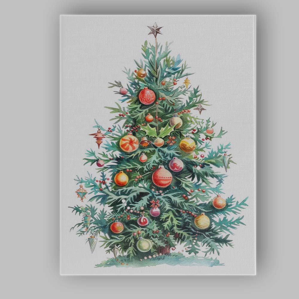 Whimsical Decorated Christmas Tree Watercolour Holiday Artwork Canvas Wall Art Print Decor Picture Ready to Hang