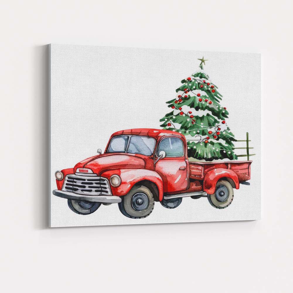 Classic Red Farm Truck With Christmas Tree Watercolour Canvas Wall Art Print Decor Picture Ready to Hang