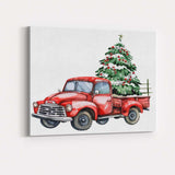 Classic Red Farm Truck With Christmas Tree Watercolour Canvas Wall Art Print Decor Picture Ready to Hang