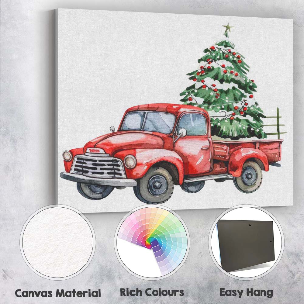 Classic Red Farm Truck With Christmas Tree Watercolour Canvas Wall Art Print Decor Picture Ready to Hang