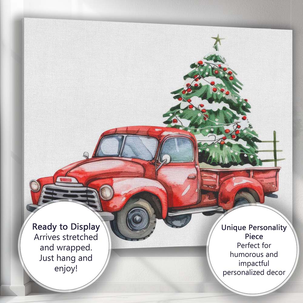 Classic Red Farm Truck With Christmas Tree Watercolour Canvas Wall Art Print Decor Picture Ready to Hang