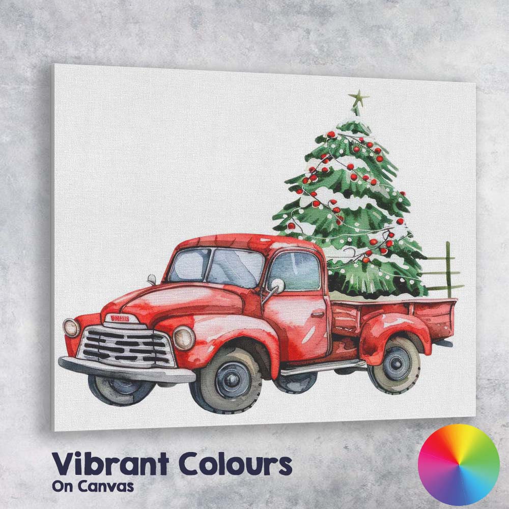 Classic Red Farm Truck With Christmas Tree Watercolour Canvas Wall Art Print Decor Picture Ready to Hang