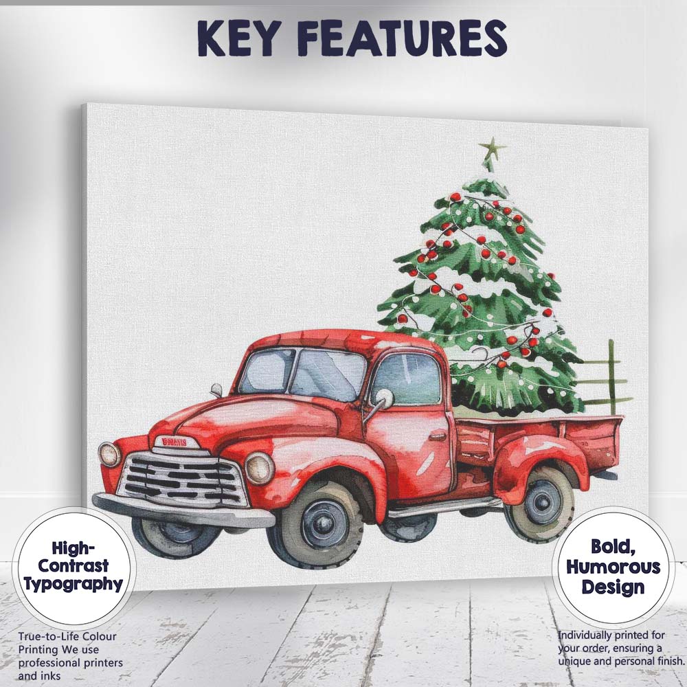 Classic Red Farm Truck With Christmas Tree Watercolour Canvas Wall Art Print Decor Picture Ready to Hang
