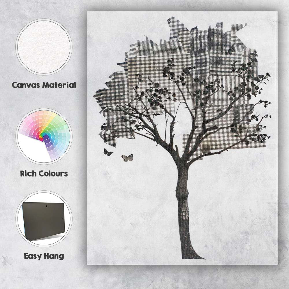 Monochrome Plaid Tree Silhouette Mixed Media Nature Collage Canvas Wall Art Print Decor Picture Ready to Hang