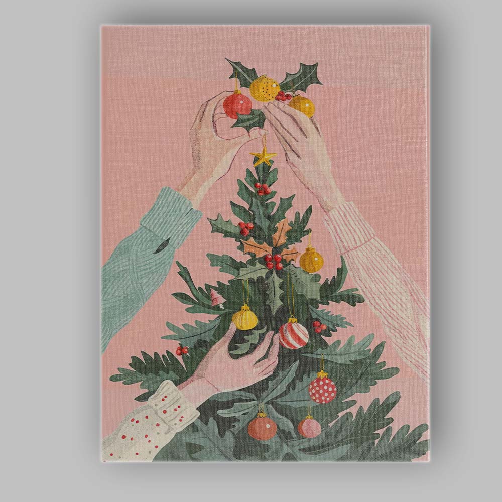 Christmas Tree Decorating Scene Festive Holiday Illustration Canvas Wall Art Print Decor Picture Ready to Hang
