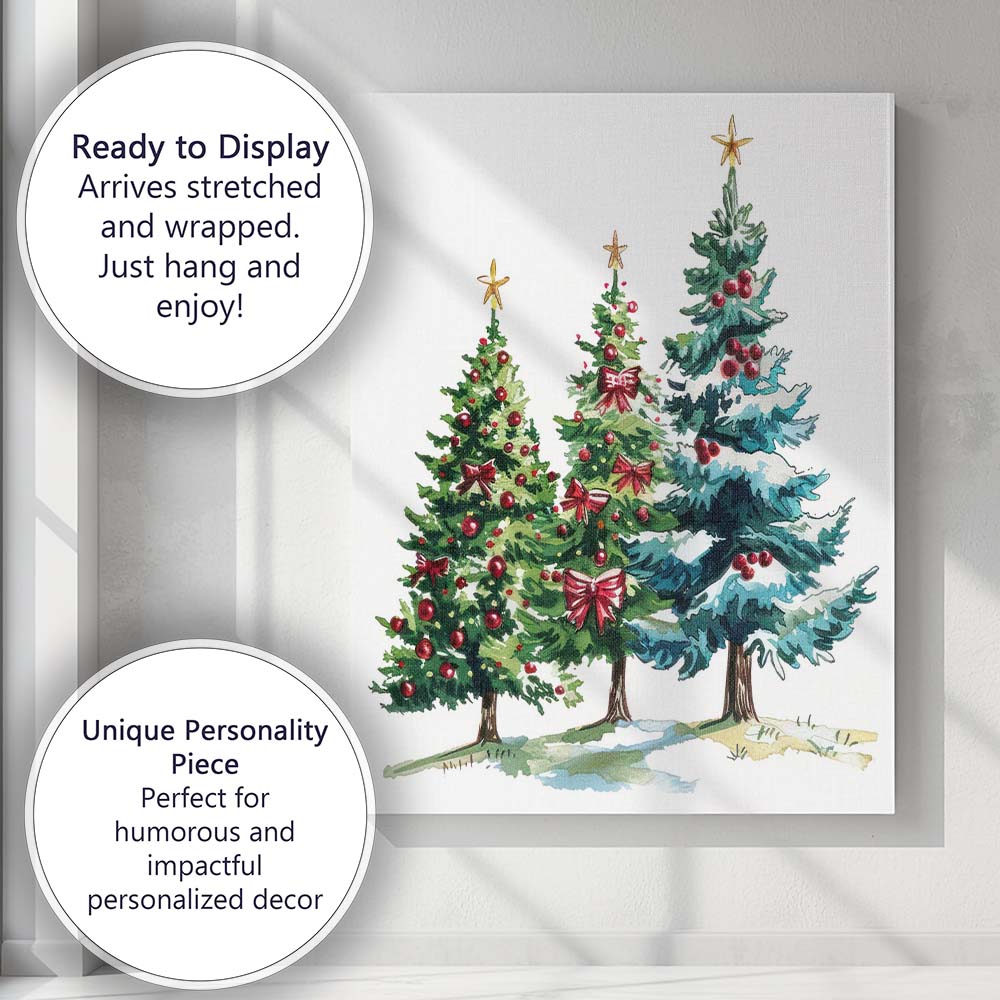 Watercolour Christmas Trees With Red Berries Snow Covered Evergreen Forest Canvas Wall Art Print Decor Picture Ready to Hang