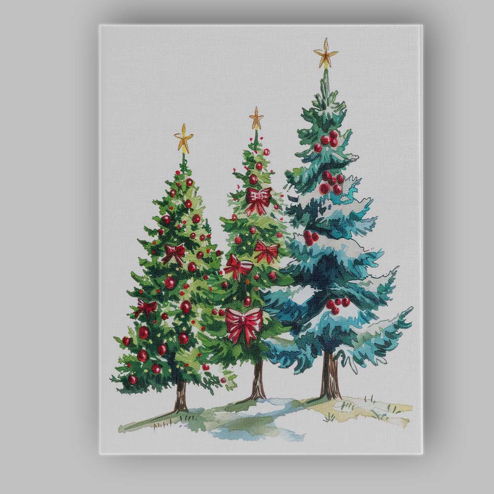 Watercolour Christmas Trees With Red Berries Snow Covered Evergreen Forest Canvas Wall Art Print Decor Picture Ready to Hang