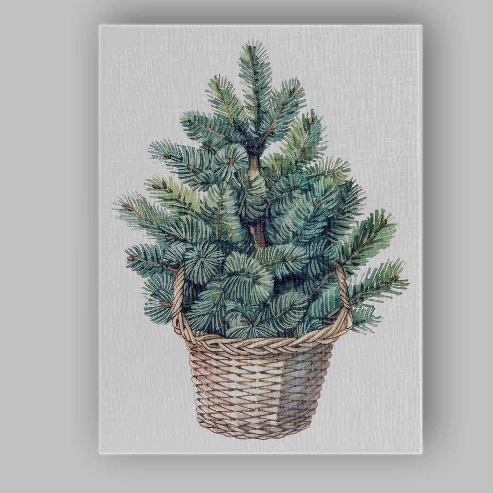 Blue Spruce Tree In Wicker Basket Watercolour Botanical Art Canvas Wall Art Print Decor Picture Ready to Hang