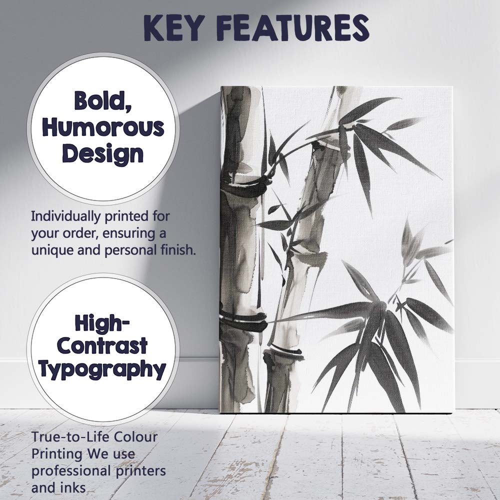 Monochrome Bamboo Stalks And Leaves Oriental Ink Wash Artwork Canvas Wall Art Print Decor Picture Ready to Hang