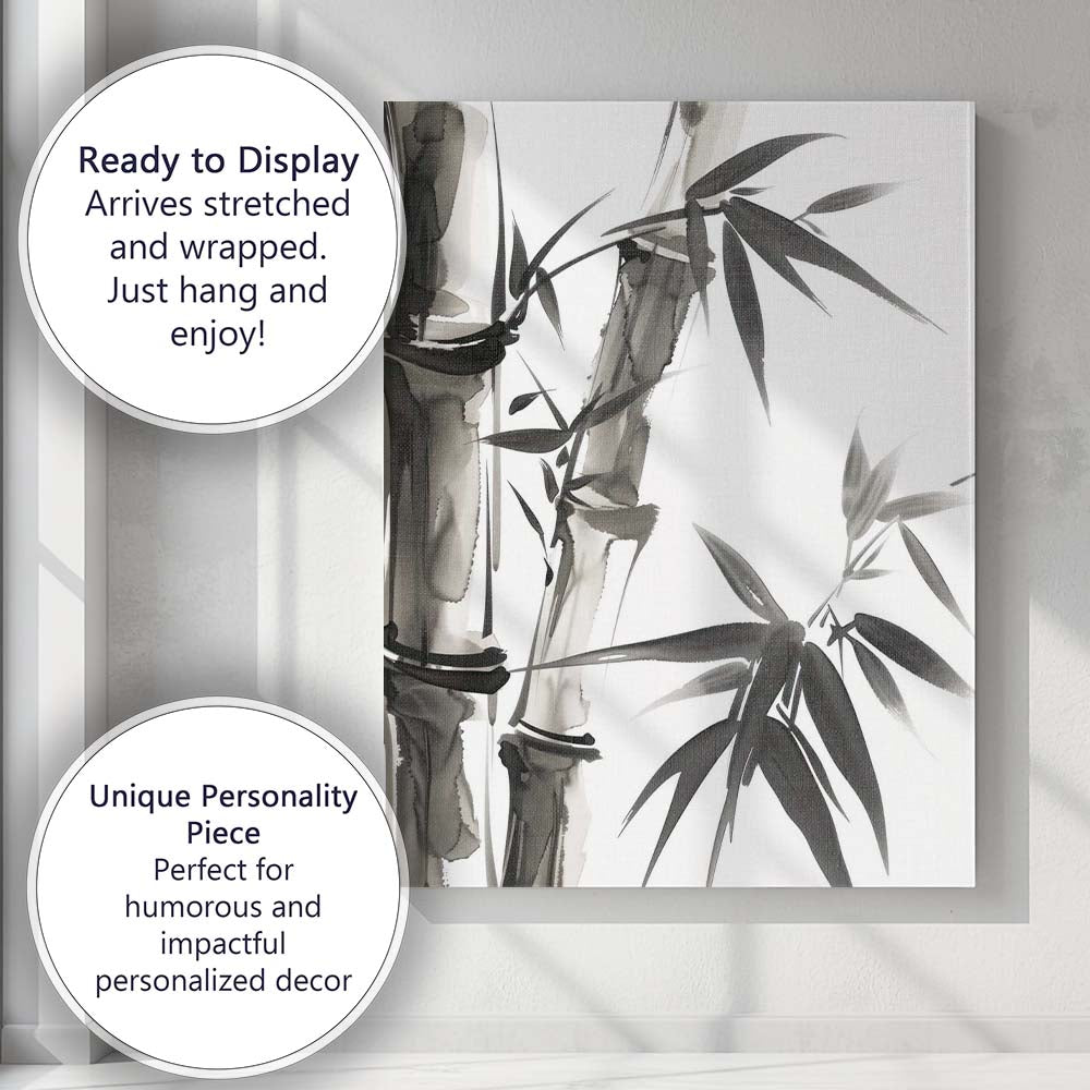 Monochrome Bamboo Stalks And Leaves Oriental Ink Wash Artwork Canvas Wall Art Print Decor Picture Ready to Hang