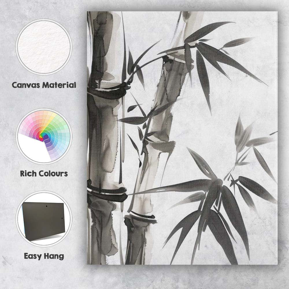 Monochrome Bamboo Stalks And Leaves Oriental Ink Wash Artwork Canvas Wall Art Print Decor Picture Ready to Hang
