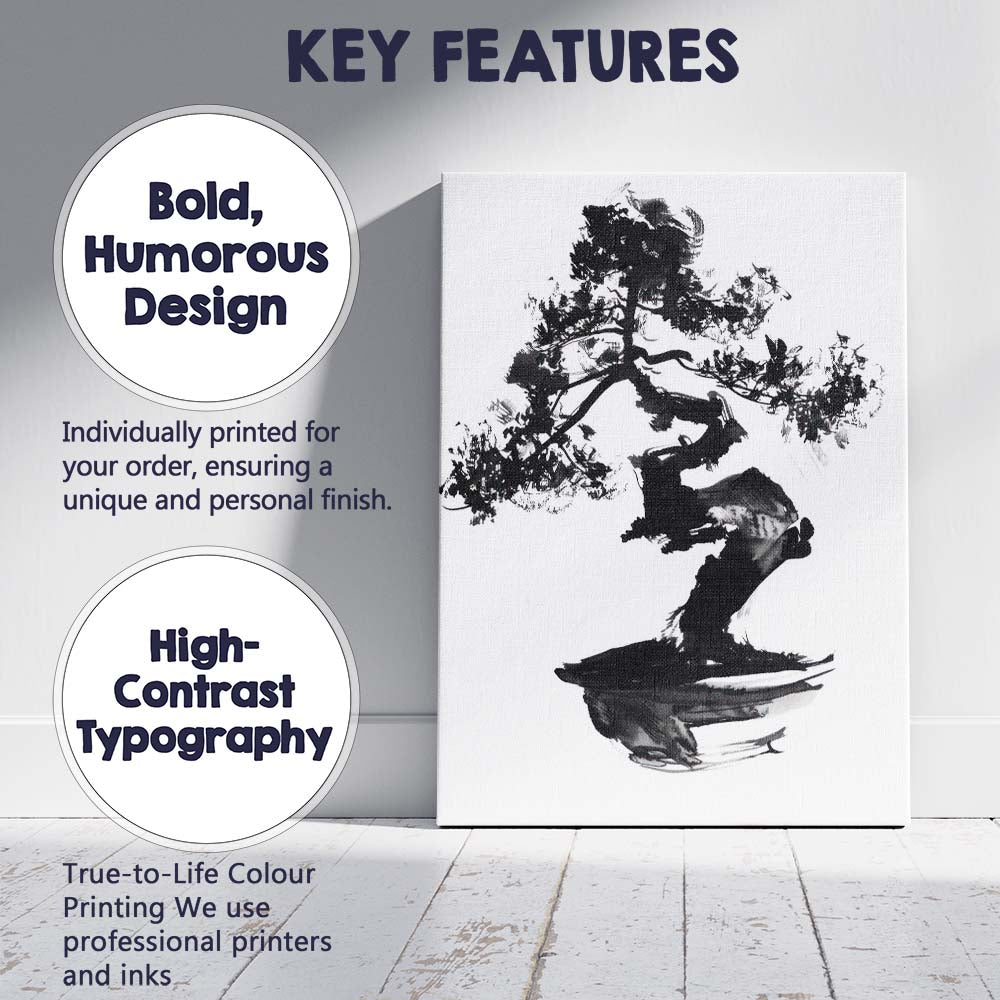 Black And Grey Bonsai Tree Japanese Sumi E Watercolour Painting Canvas Wall Art Print Decor Picture Ready to Hang